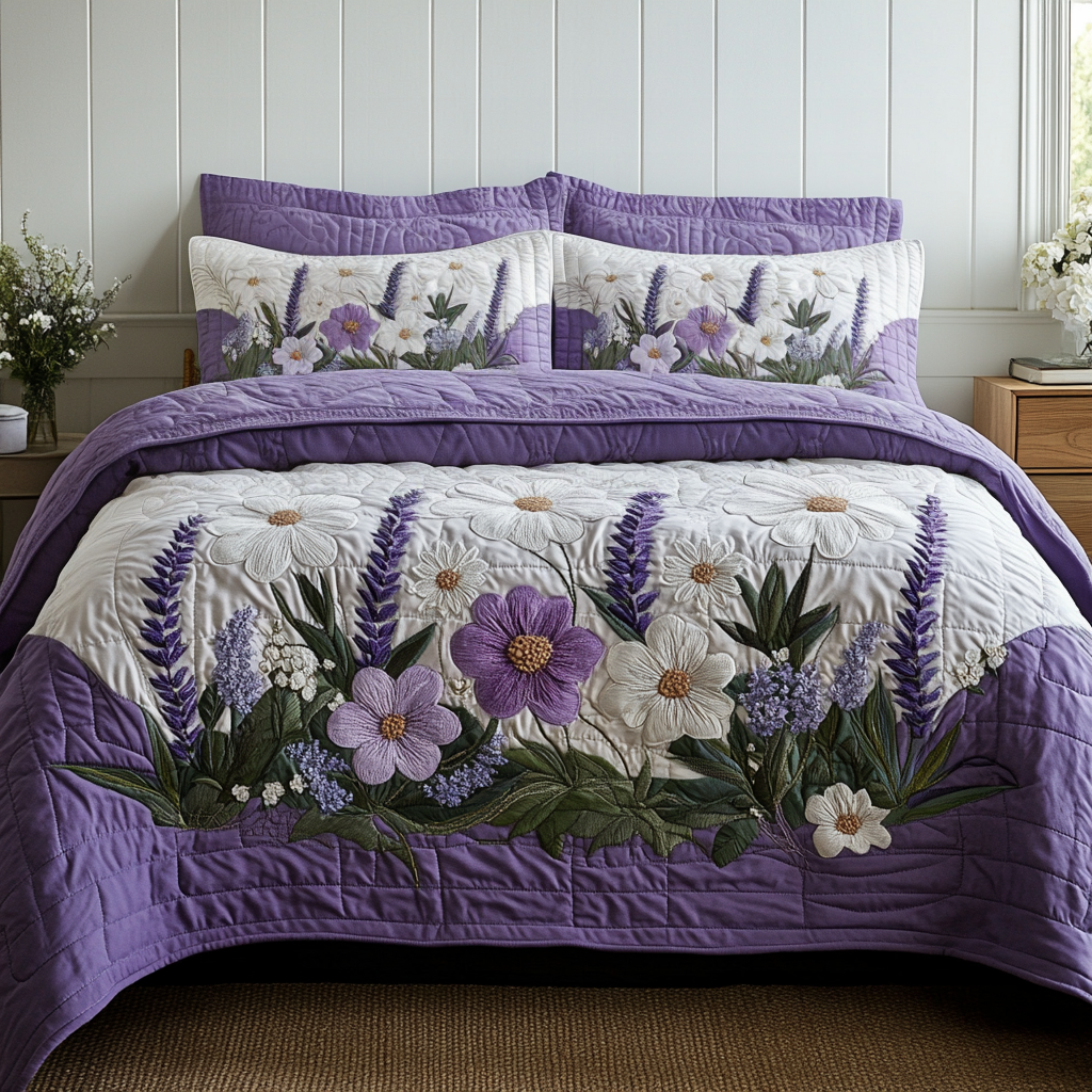Flower 3-Piece Quilted Bedding Set NCU0VT169