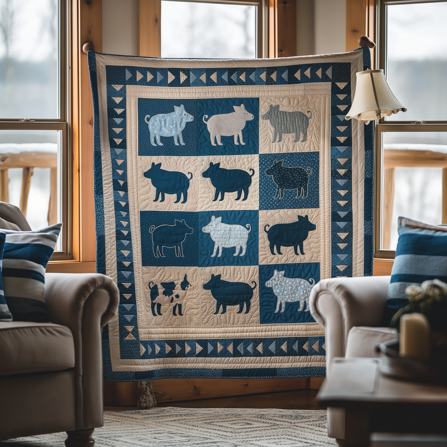 Blue Barnyard Pig Quilted Blanket NCU0TL266