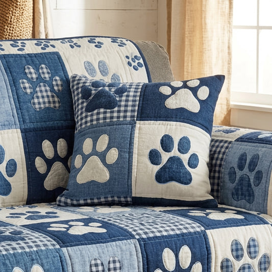 Blue Paw Patchwork Quilted Pillow Case NCU0TV871
