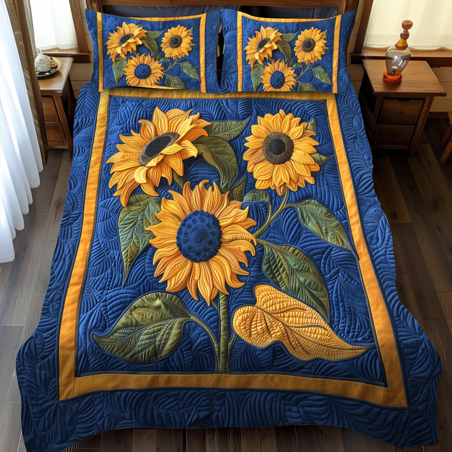 Blue Sunflower Dream 3-Piece Quilted Bedding Set NCU0TH910