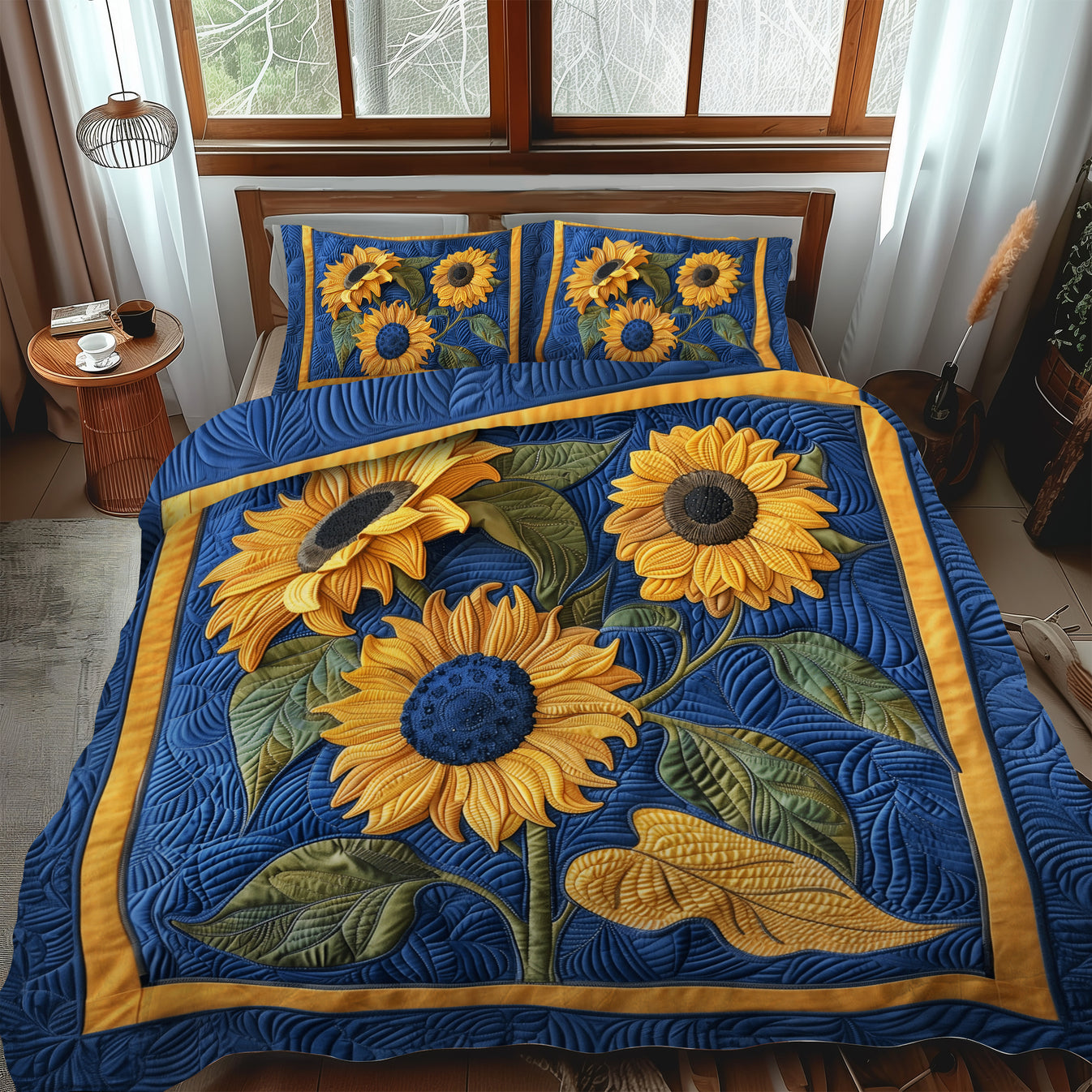Blue Sunny Bloom 3-Piece Quilted Bedding Set NCU0TH913