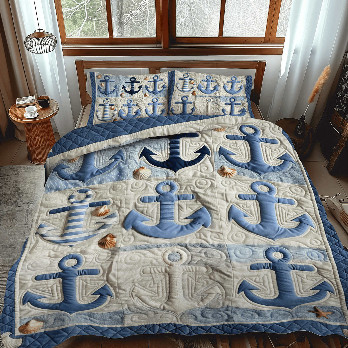 Blue Anchors 3-Piece Quilted Bedding Set NCU0TH1227