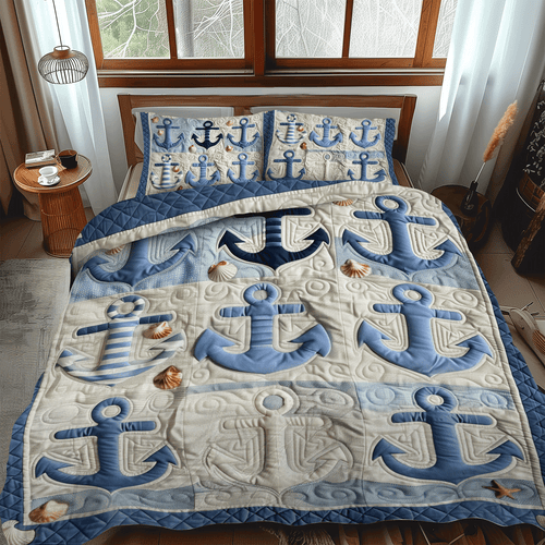 Blue Anchors 3-Piece Quilted Bedding Set NCU0TH1227