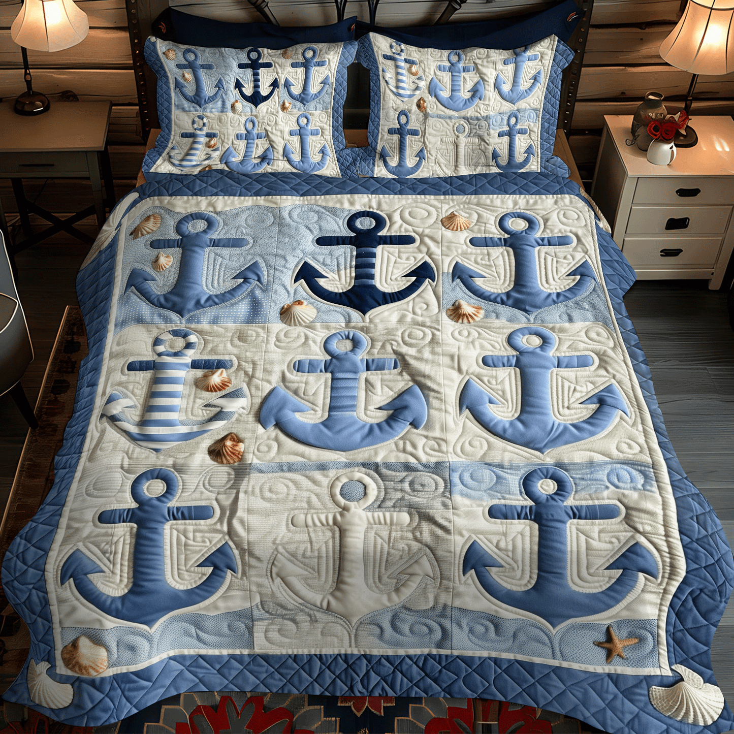 Blue Anchors 3-Piece Quilted Bedding Set NCU0TH1227