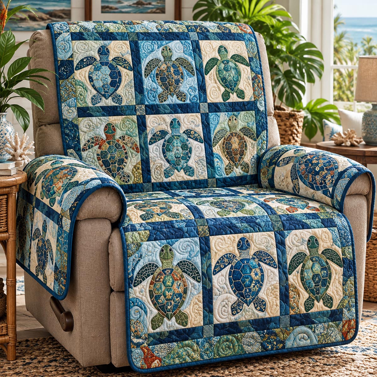 Blue Coastal Turtle Quilted Sofa Cover NCU0DV10443