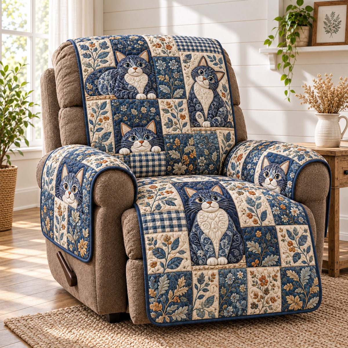 Blue Floral Cats Quilted Sofa Cover NCU0PT12291