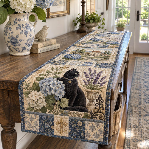Blue Garden Black Cat Quilted Table Runner NCU0DV10472