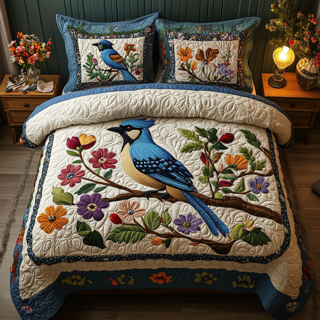 Blue Jay and Blooms 3-Piece Quilted Bedding Set NCU0PT6254