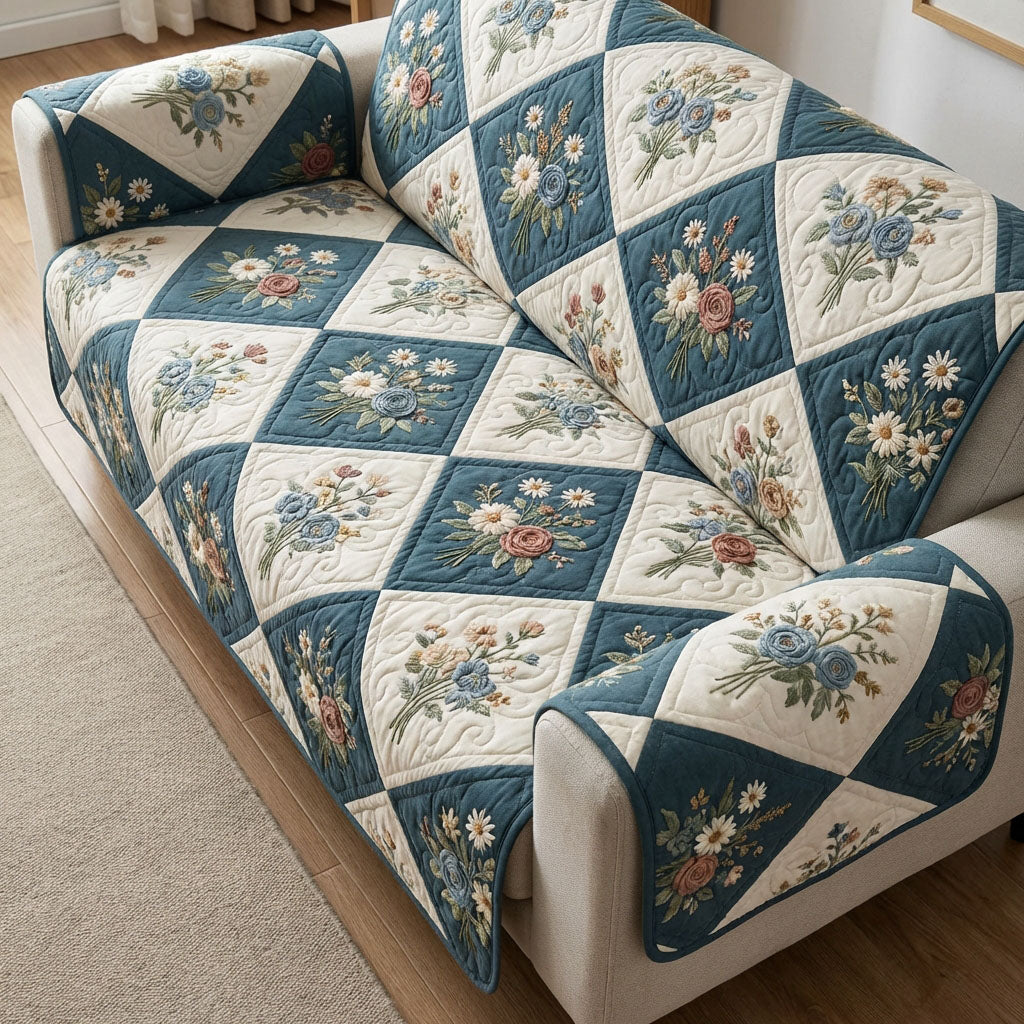 Blue Patch Bloom Quilted Sofa Cover NCU0TV1544
