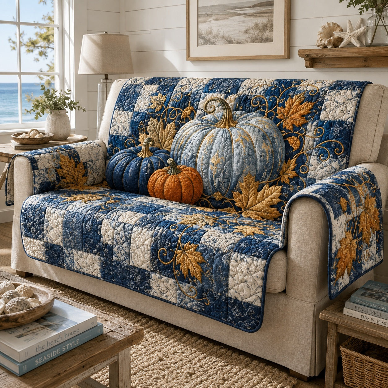 Blue Pumpkins Quilted Sofa Cover NCU0VL3785