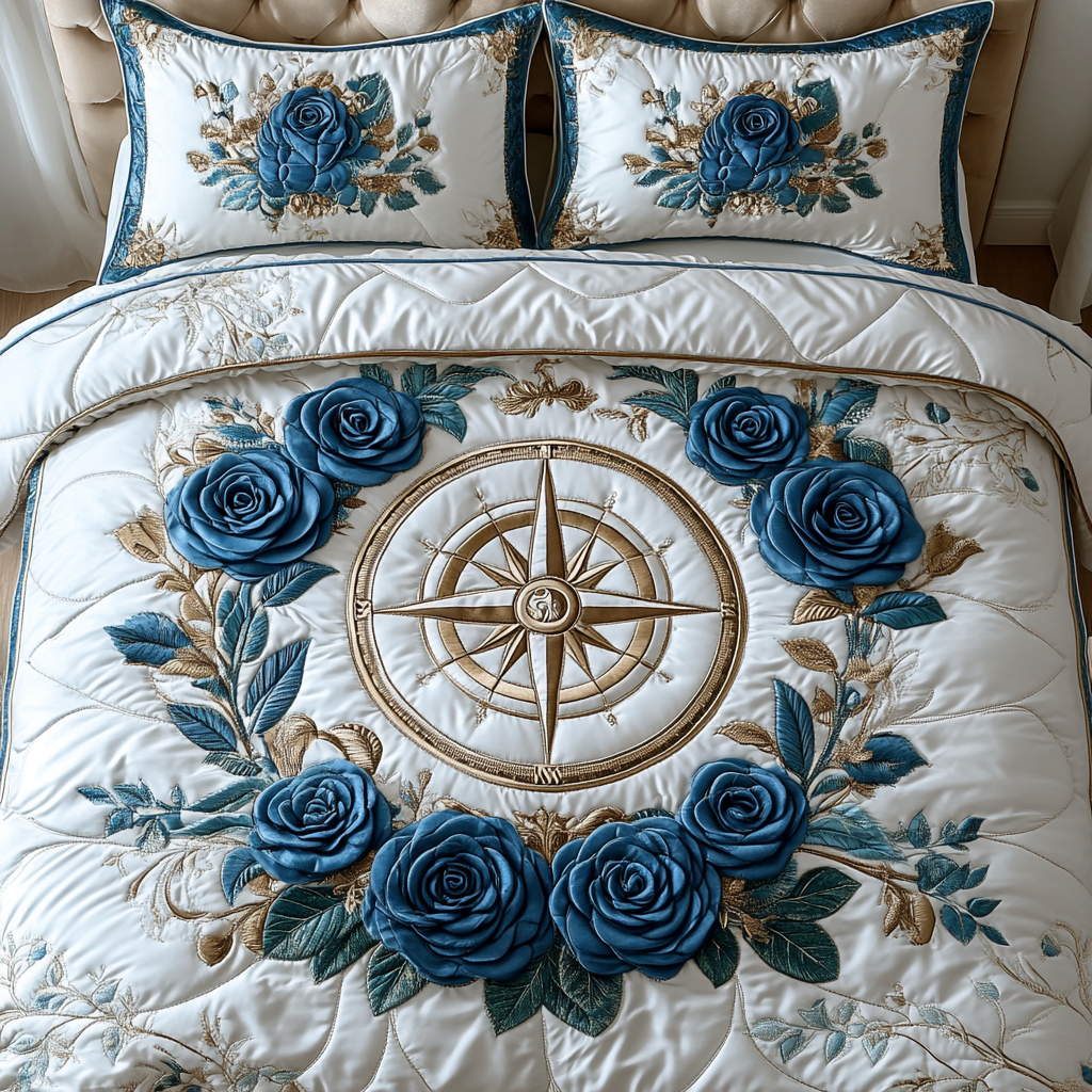 Blue Rose Charm 3-Piece Quilted Bedding Set NCU0DV4486