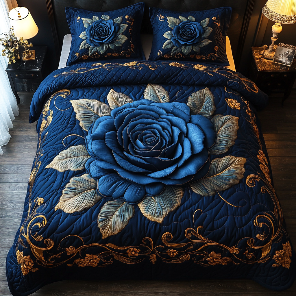 Blue Rose Elegance 3-Piece Quilted Bedding Set NCU0DV4485