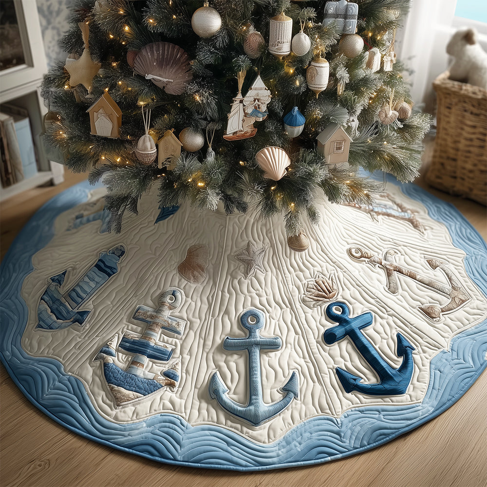 Blue Stripe Anchor Christmas Quilted Tree Skirt NCU0TH3675