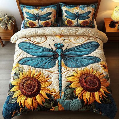 Blue Sunflower Dragonfly 3-Piece Quilted Bedding Set NCU0NT3744