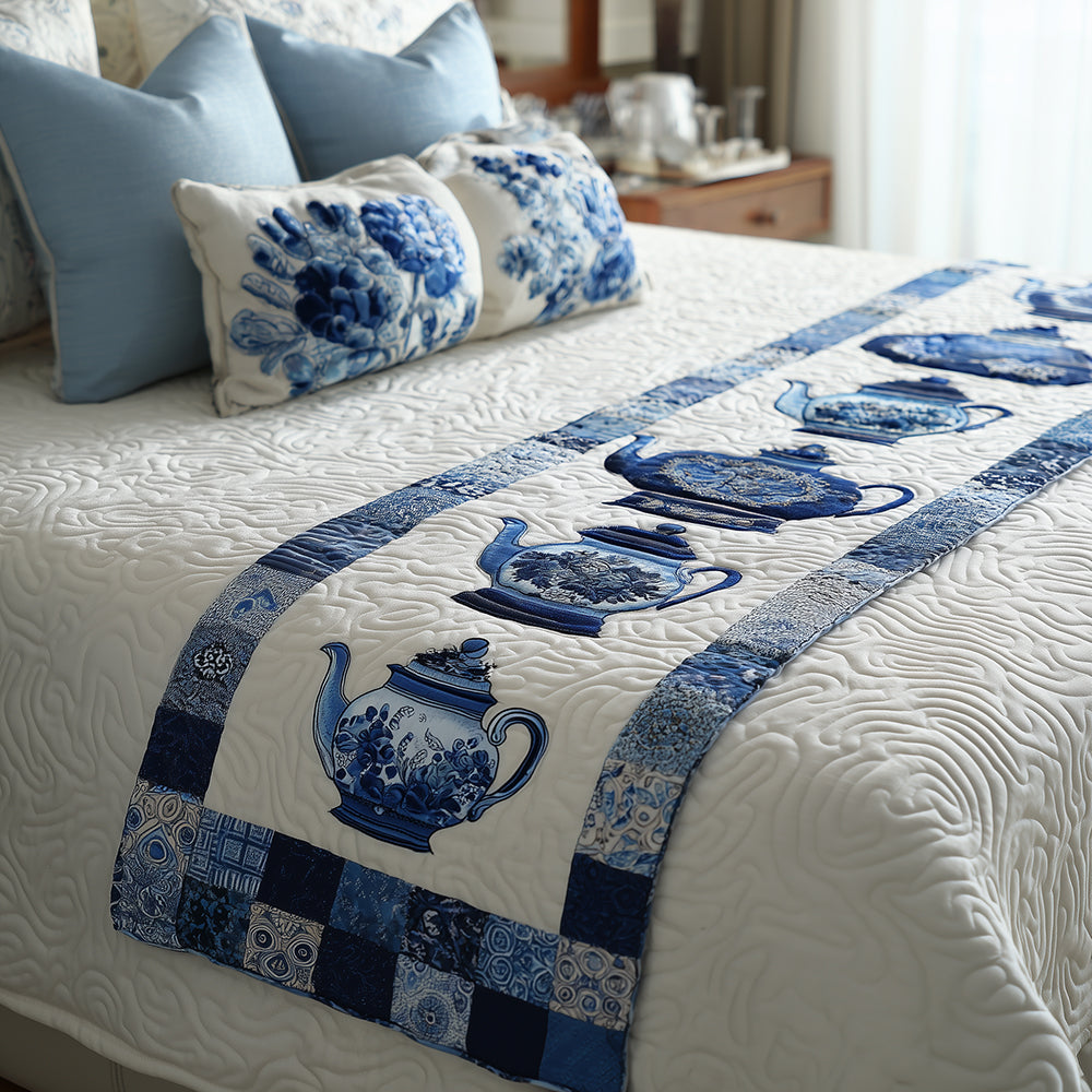 Blue Teapot Parade Quilted Bed Runner NCU0TH3722