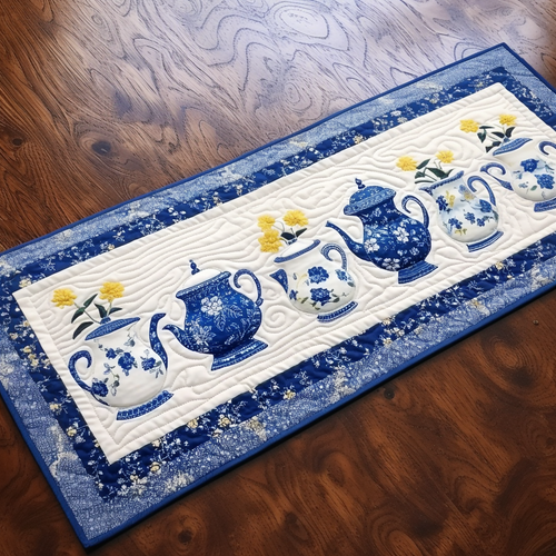 Blue Teapots Quilted Table Runner NCU0PT1509