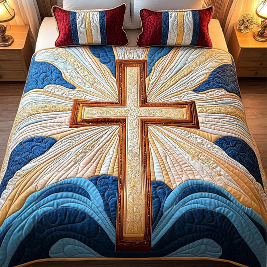 Blue Waves Cross 3-Piece Quilted Bedding Set NCU0NT3510