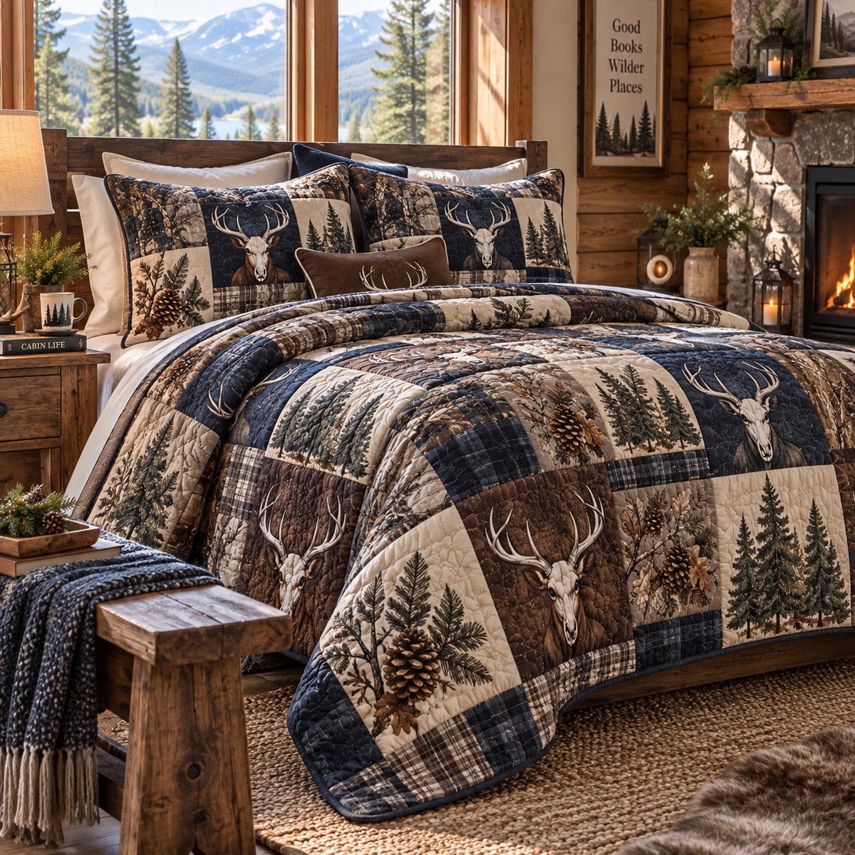 Blue Woodland Stag 3-Piece Quilted Bedding Set NCU0DV10287