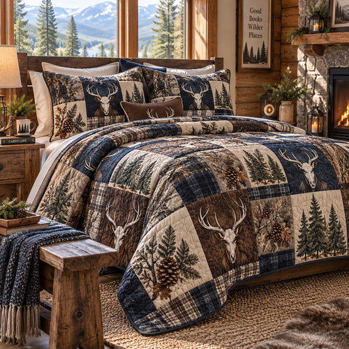 Blue Woodland Stag 3-Piece Quilted Bedding Set NCU0DV10287
