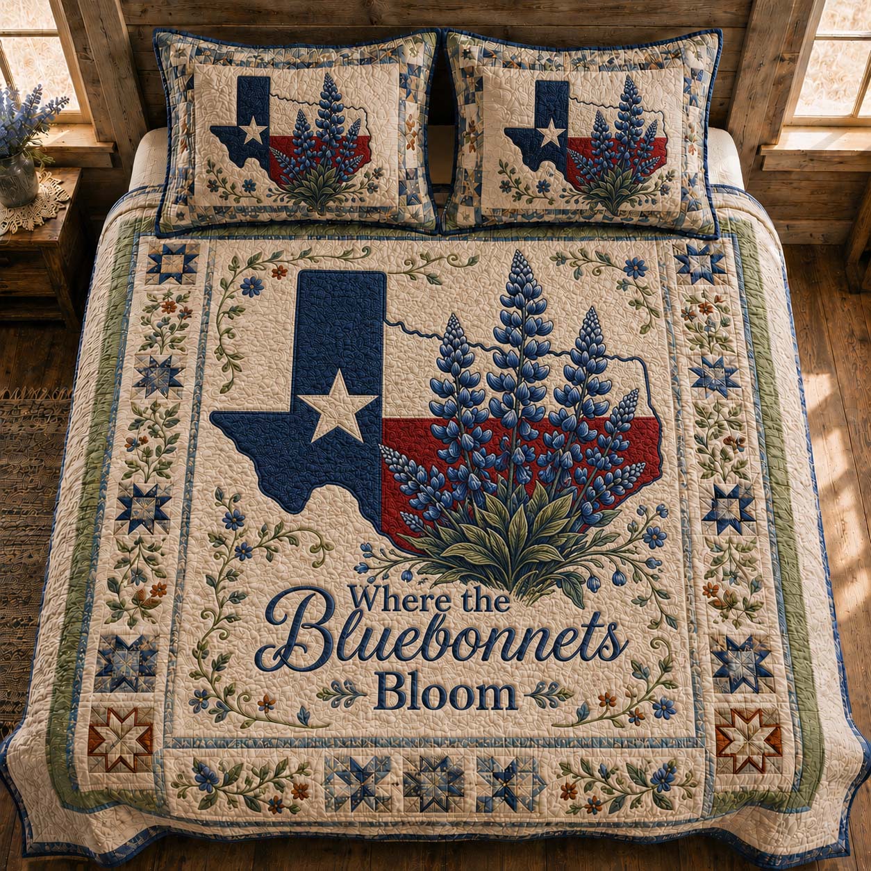 Bluebonnet Bloom 3-Piece Quilted Bedding Set NCU0QD057