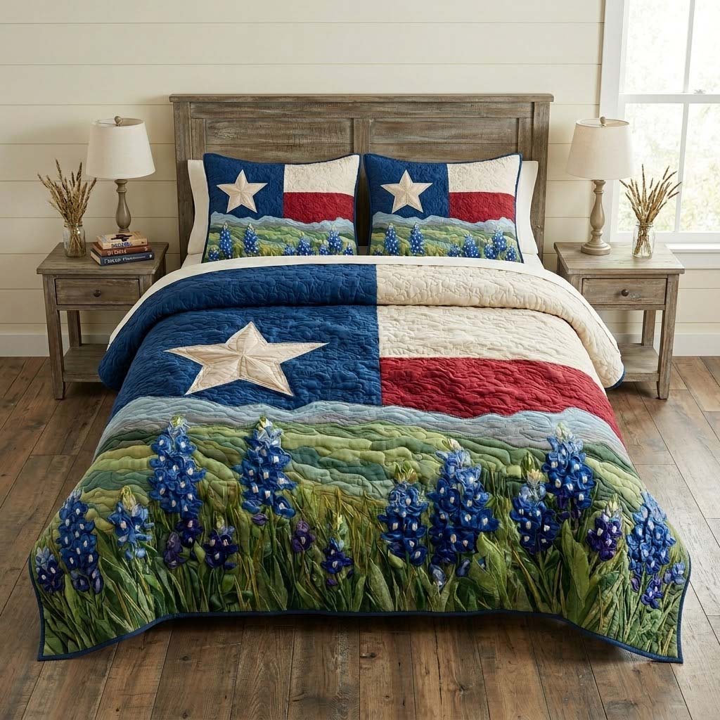 Bluebonnet Flag 3-Piece Quilted Bedding Set NCU0QD006