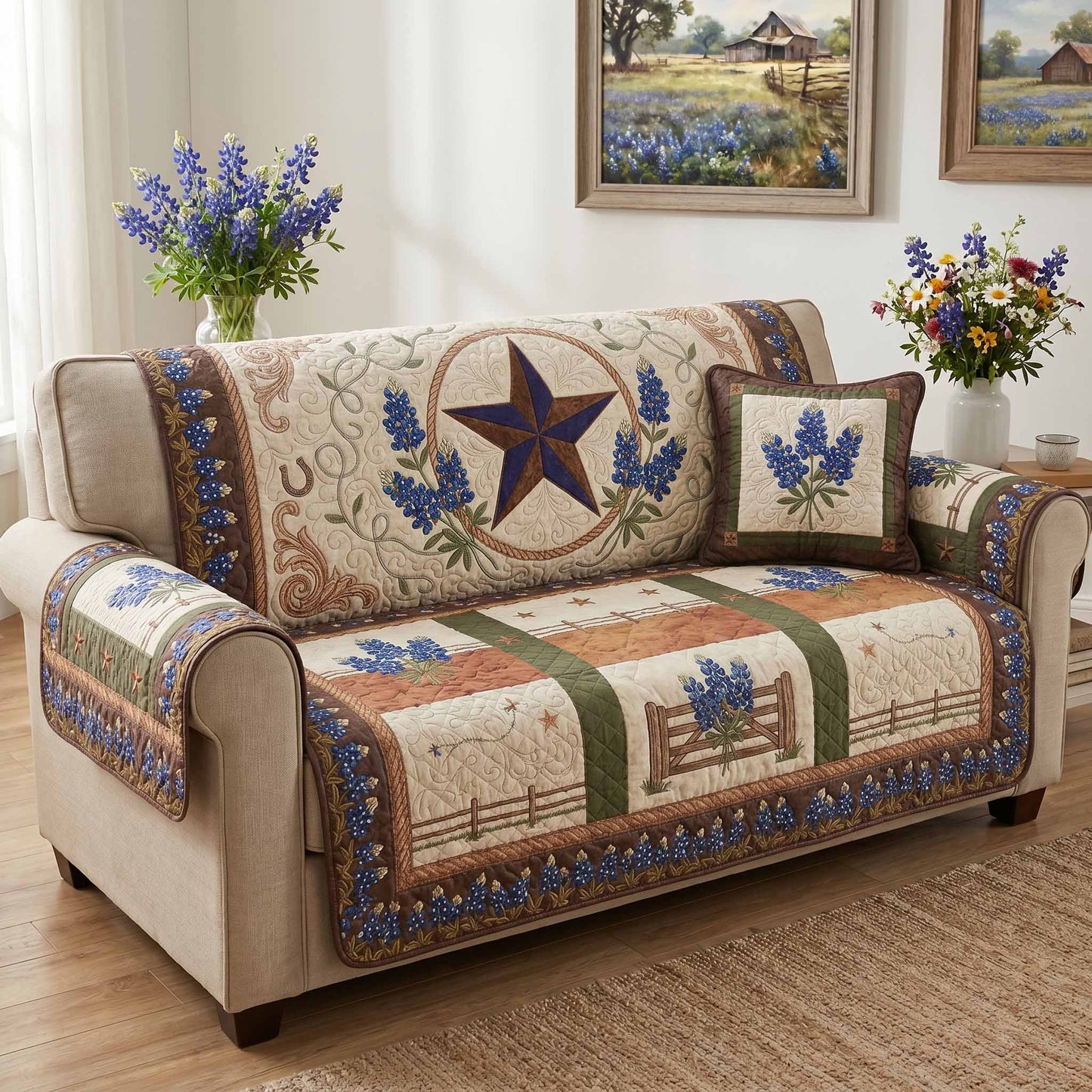Bluebonnet Star Quilted Sofa Cover NCU0XD2845