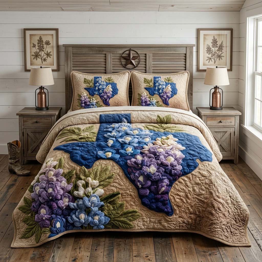 Bluebonnet Texas Map 3-Piece Quilted Bedding Set NCU0QD008