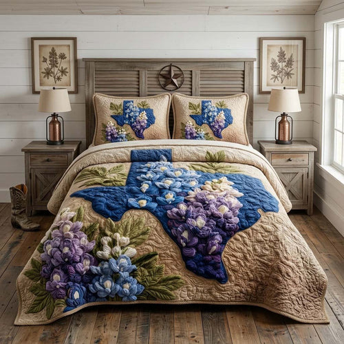 Bluebonnet Texas Map 3-Piece Quilted Bedding Set NCU0QD008