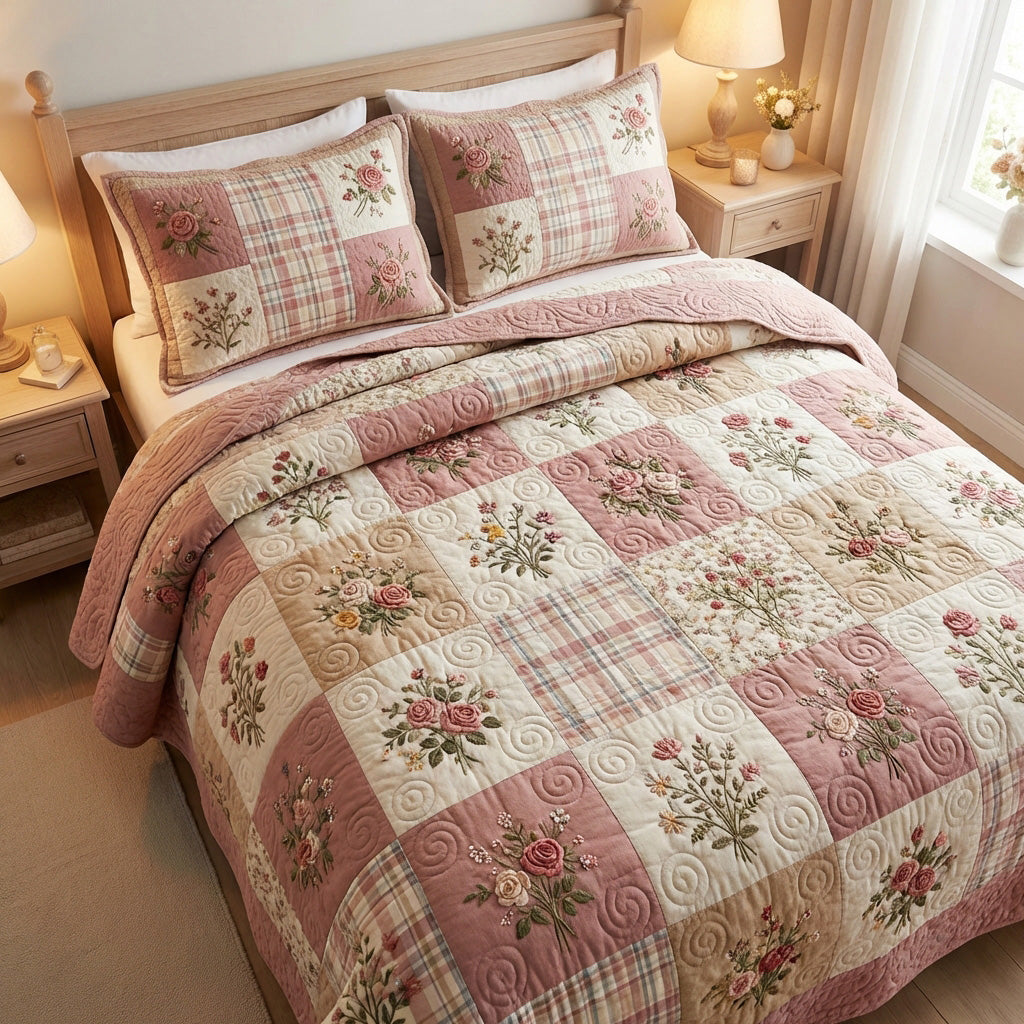 Blush Garden 3-Piece Quilted Bedding Set NCU0TV1817