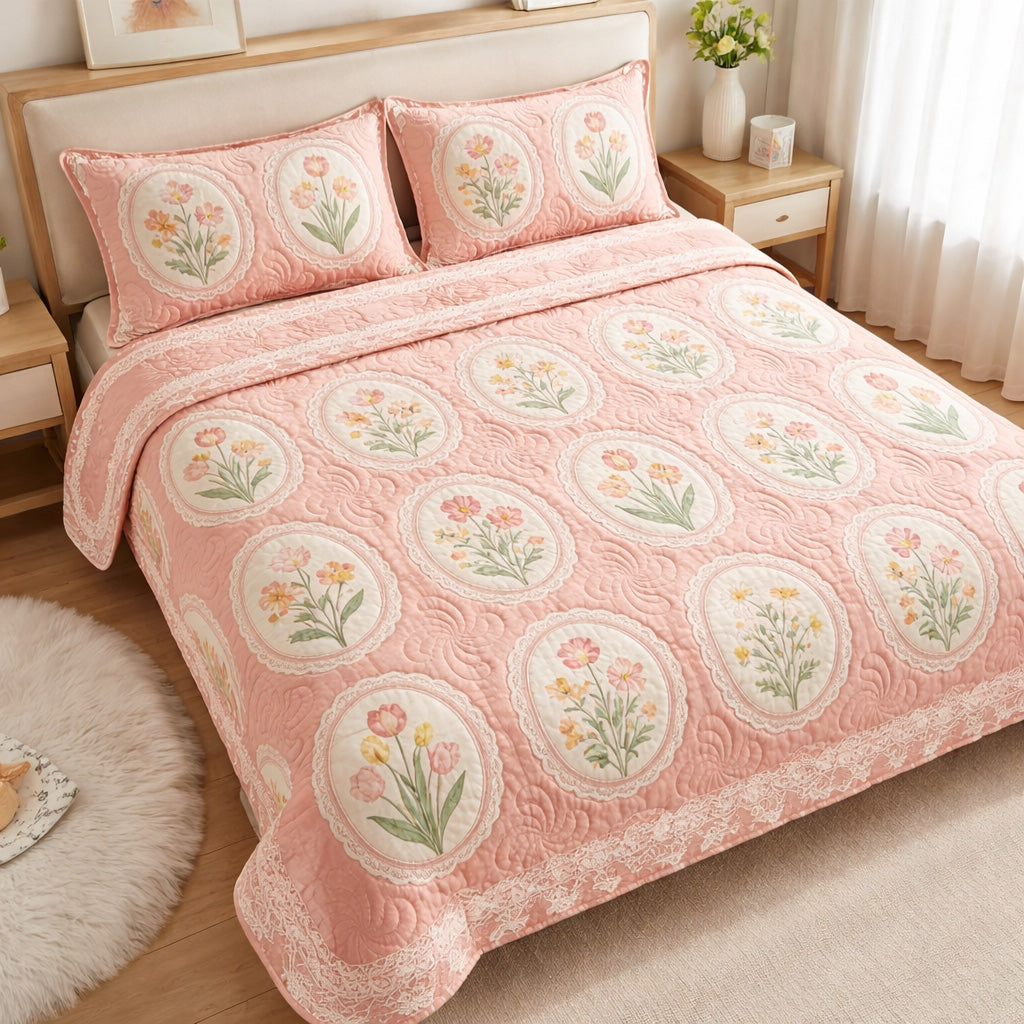Blush Garden Charm 3-Piece Quilted Bedding Set NCU0TV1708