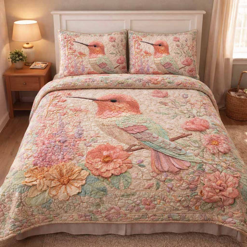 Blush Hummingbird 3-Piece Quilted Bedding Set NCU0XD2557