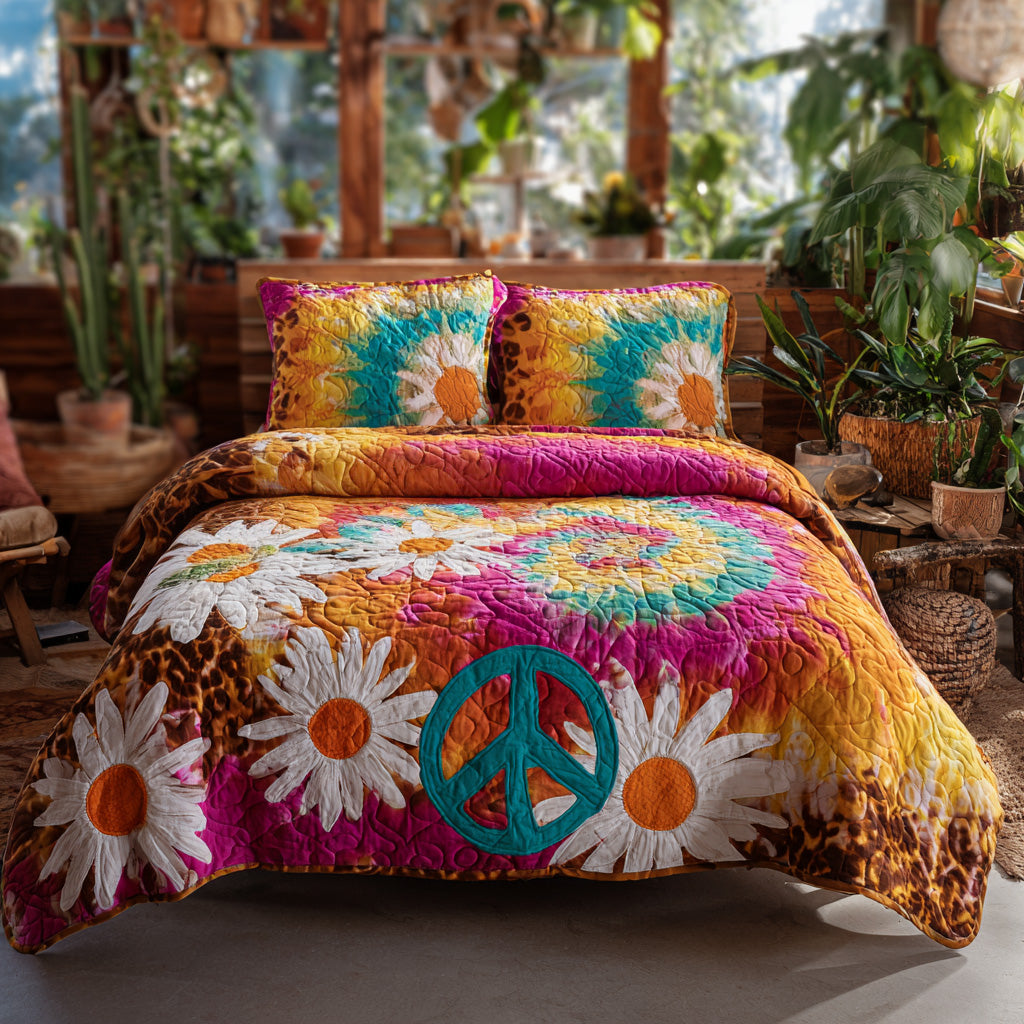 Boho Peace Daisies 3-Piece Quilted Bedding Set NCU0VL3055