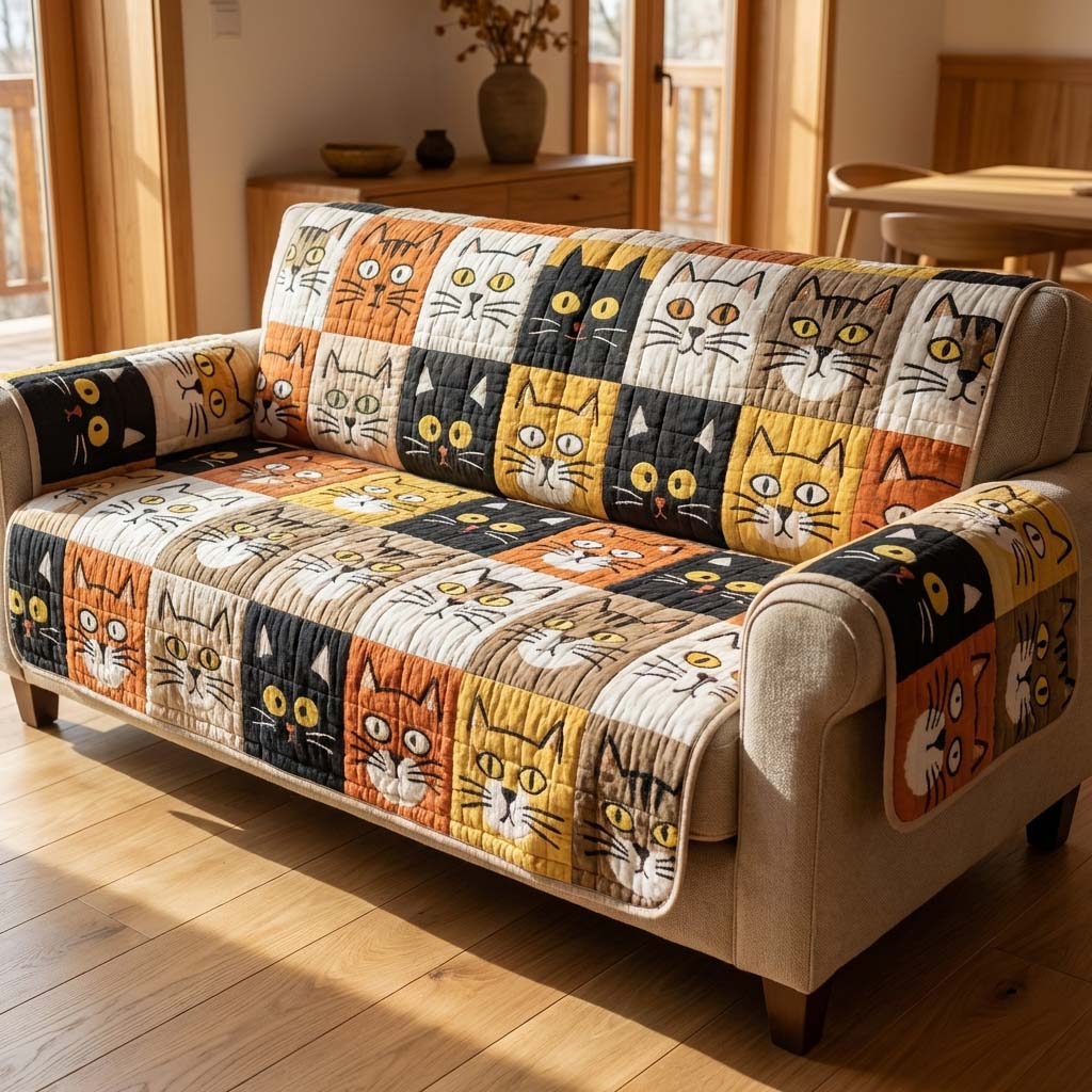 Bold Cat Faces Quilted Sofa Cover NCU0HH1947