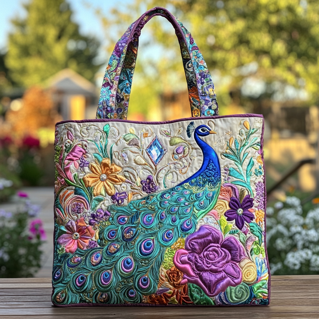 Bold Peacock Quilted Tote Bag NCU0DK8793