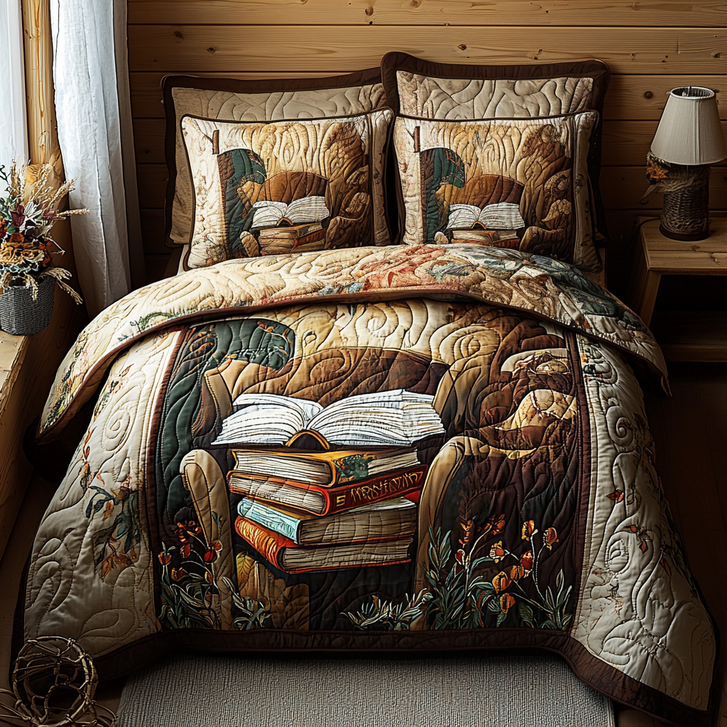 Book Cozyness 3-Piece Quilted Bedding Set NCU0DV6203