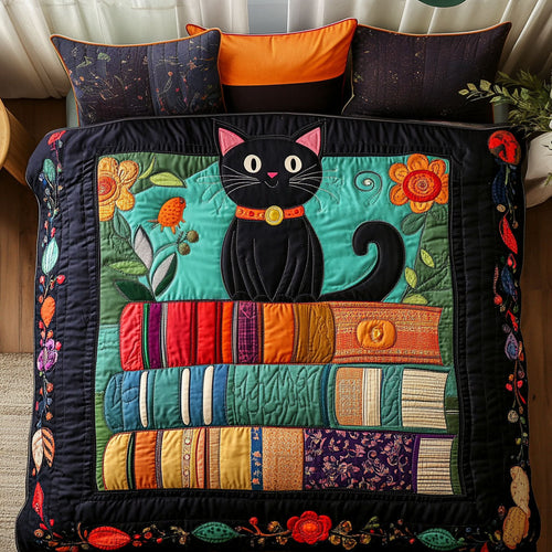 Bookish Black Cat 3-Piece Quilted Bedding Set NCU0NT7344