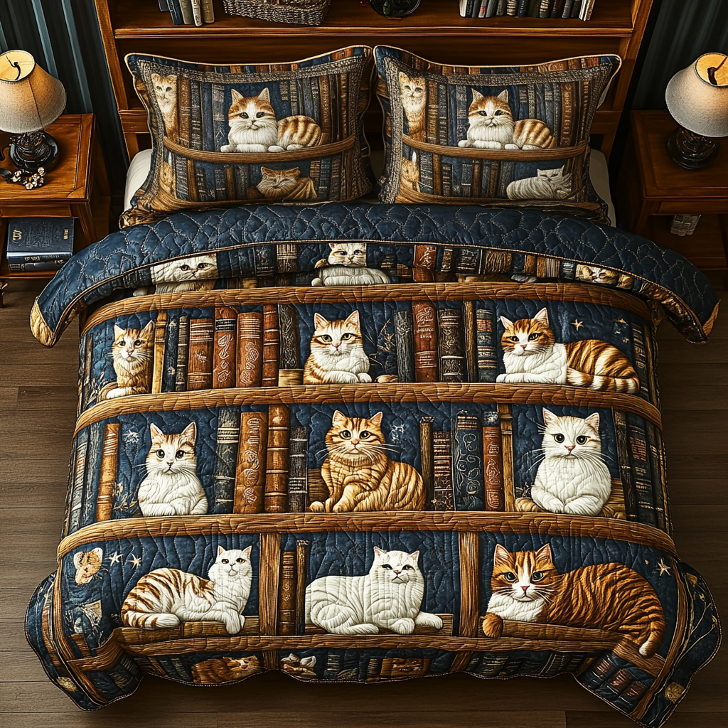 Bookish Whiskers 3-Piece Quilted Bedding Set NCU0VL2195