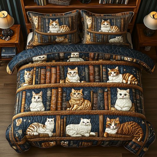 Bookish Whiskers 3-Piece Quilted Bedding Set NCU0VL2195