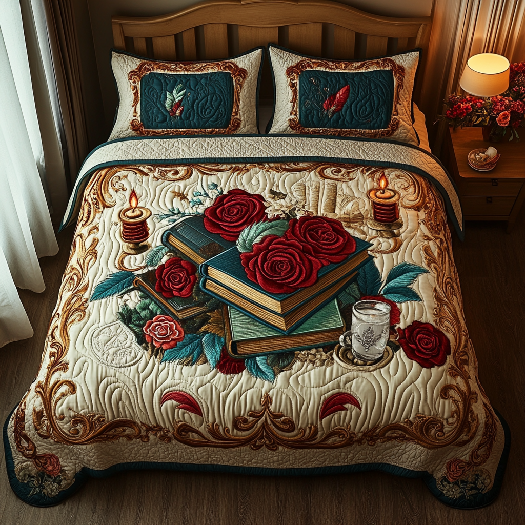 Books and Blooms 3-Piece Quilted Bedding Set NCU0DV3604