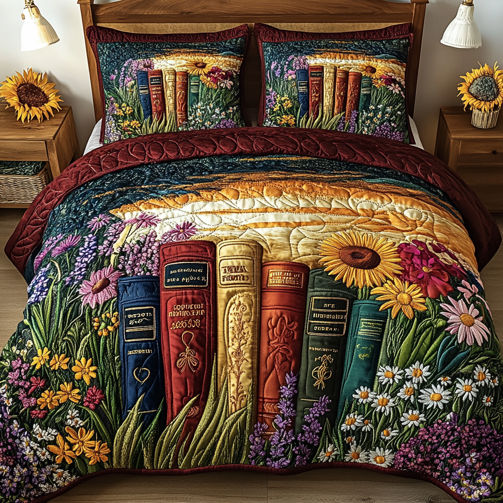 Garden of Books 3-Piece Quilted Bedding Set NCU0VT120