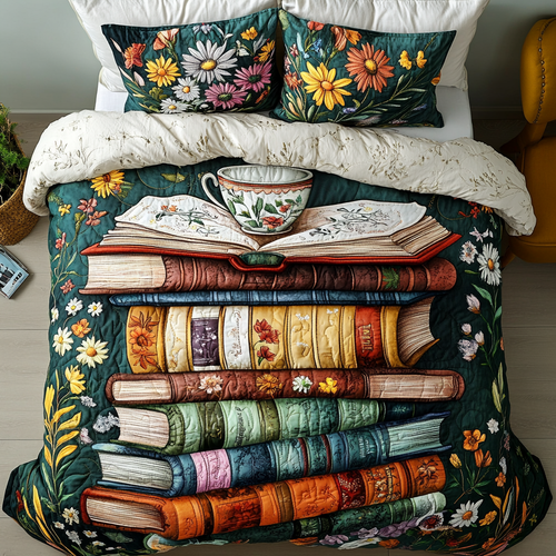 Bookworm Floral 3-Piece Quilted Bedding Set NCU0VH5319