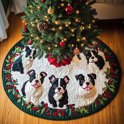 Boston Terrier Sleigh Bells Christmas Quilted Tree Skirt NCU0DV1618