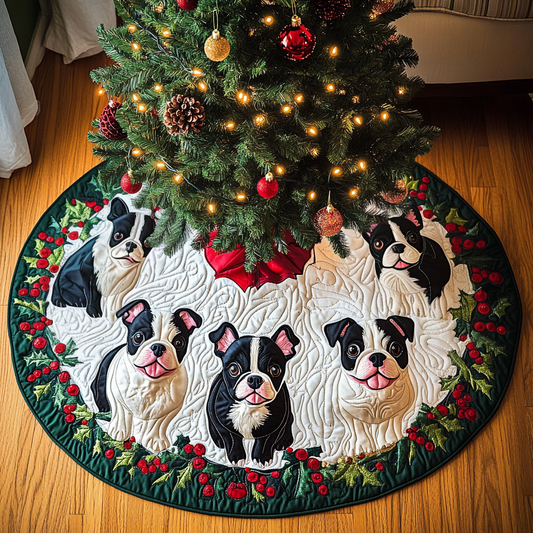 Boston Terrier Sleigh Bells Christmas Quilted Tree Skirt NCU0DV1618