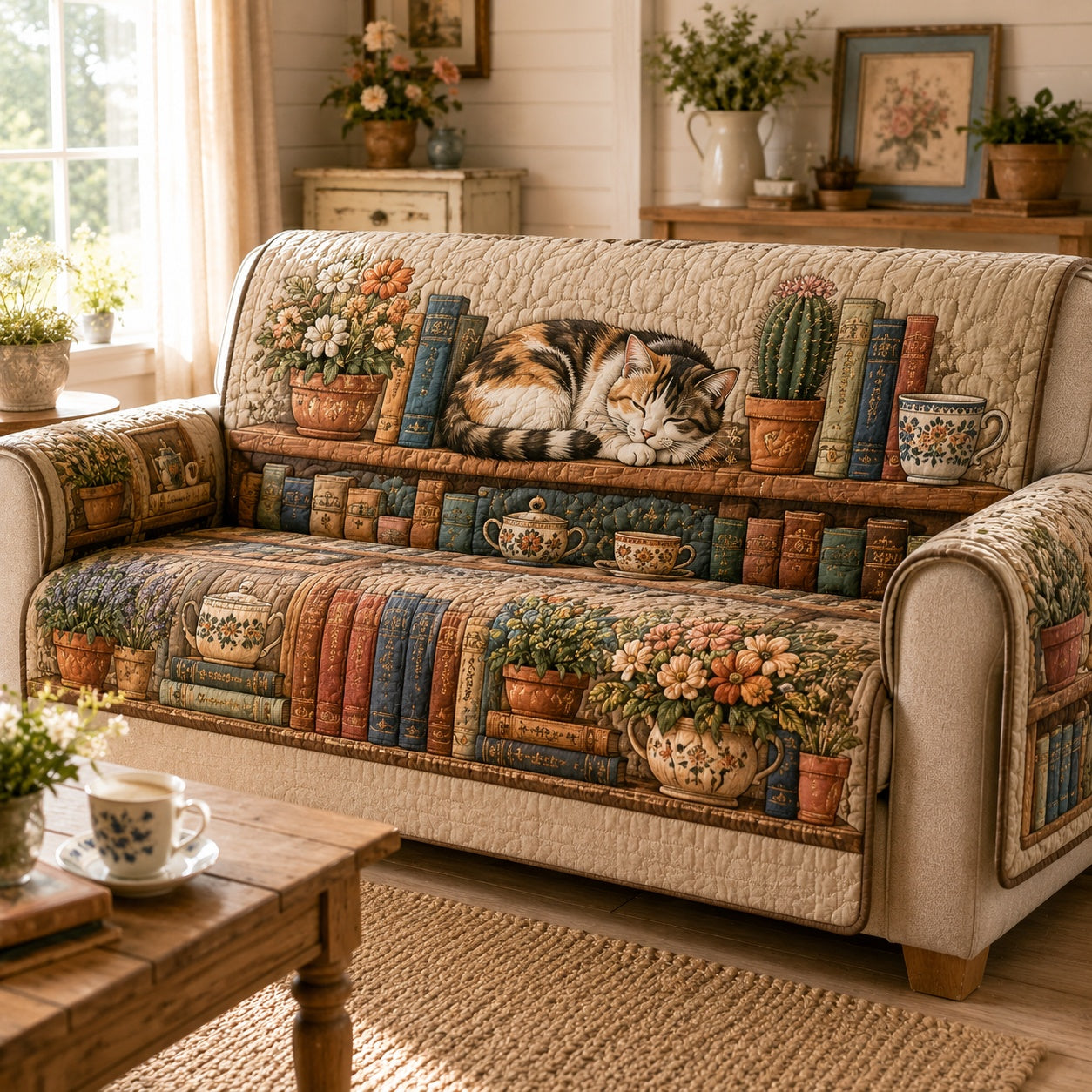 Botanical Library Feline Quilted Sofa Cover NCU0VL3888