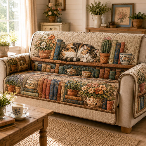 Botanical Library Feline Quilted Sofa Cover NCU0VL3888
