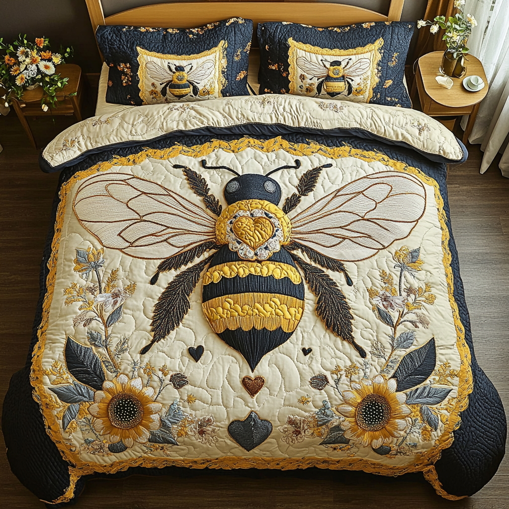 Bright Bee 3-Piece Quilted Bedding Set NCU0DK8922