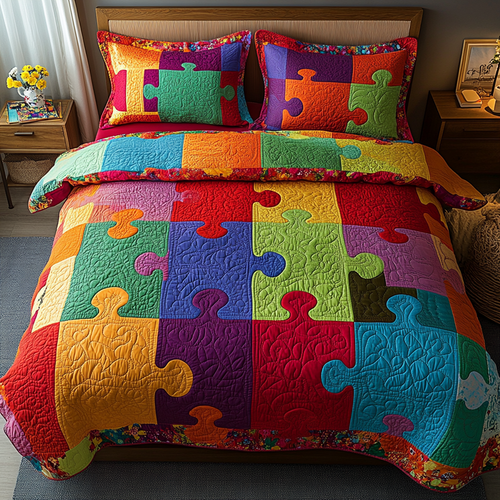 Bright Puzzle Blocks 3-Piece Quilted Bedding Set NCU0DK6055