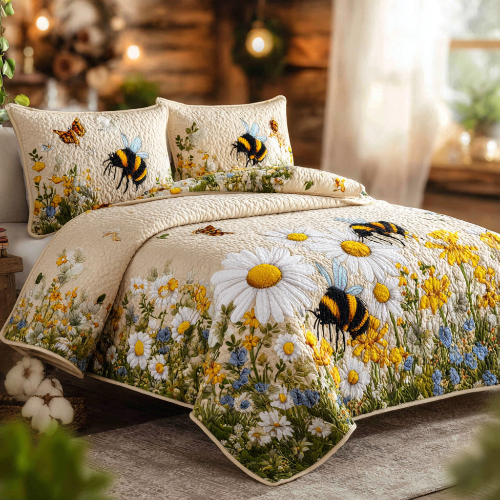 Bumblebee Daisy Meadow 3-Piece Quilted Bedding Set NCU0VL3051
