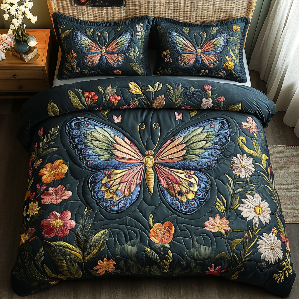 Butterfly Bloom 3-Piece Quilted Bedding Set NCU0DV3182