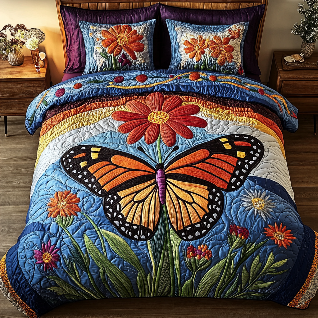 Butterfly Blossom 3-Piece Quilted Bedding Set NCU0VL1037